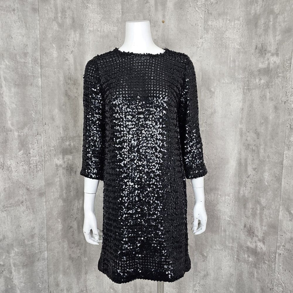 Vintage 60s Gale Mitchell M Sheer Black Sequin 3/4 Sleeve Cocktail Dress LBD‎